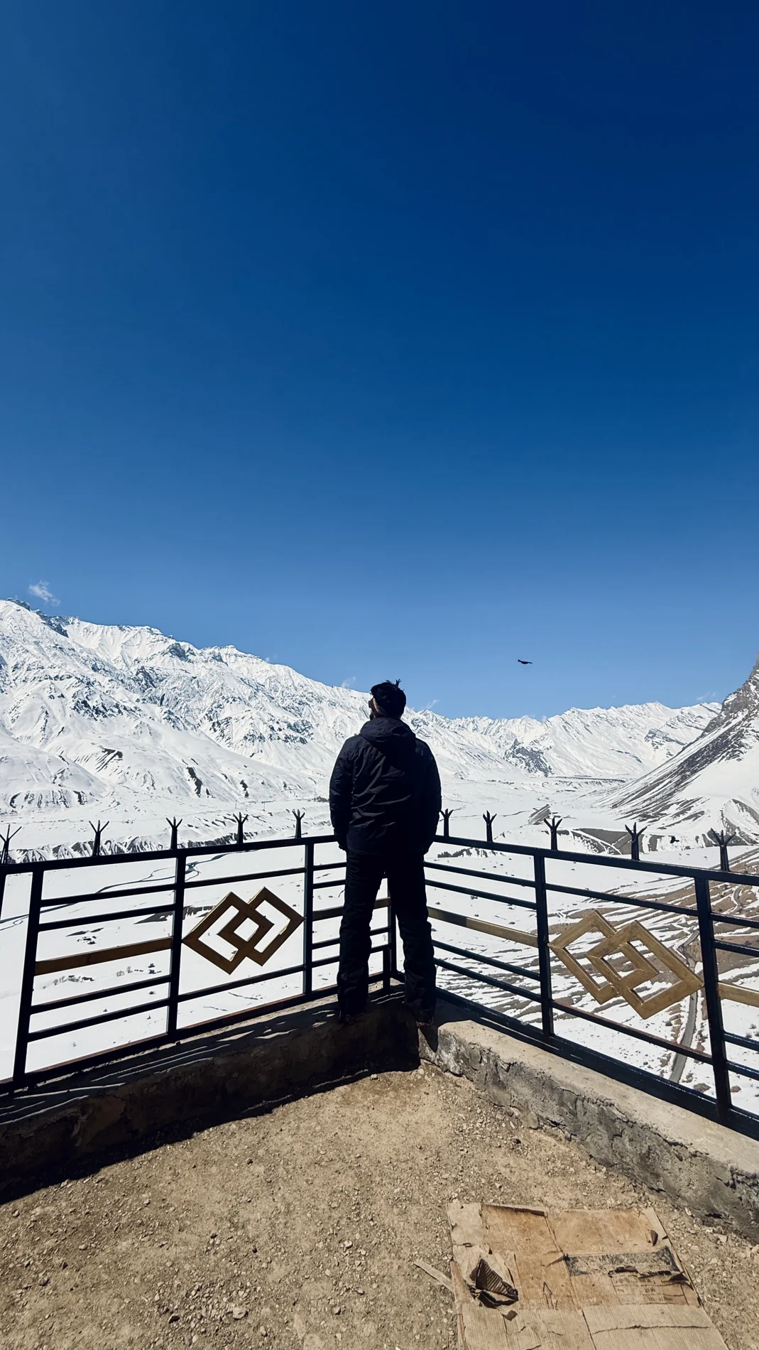 A traveller at a railing overlooking snow-covered mountains beneath a blue sky